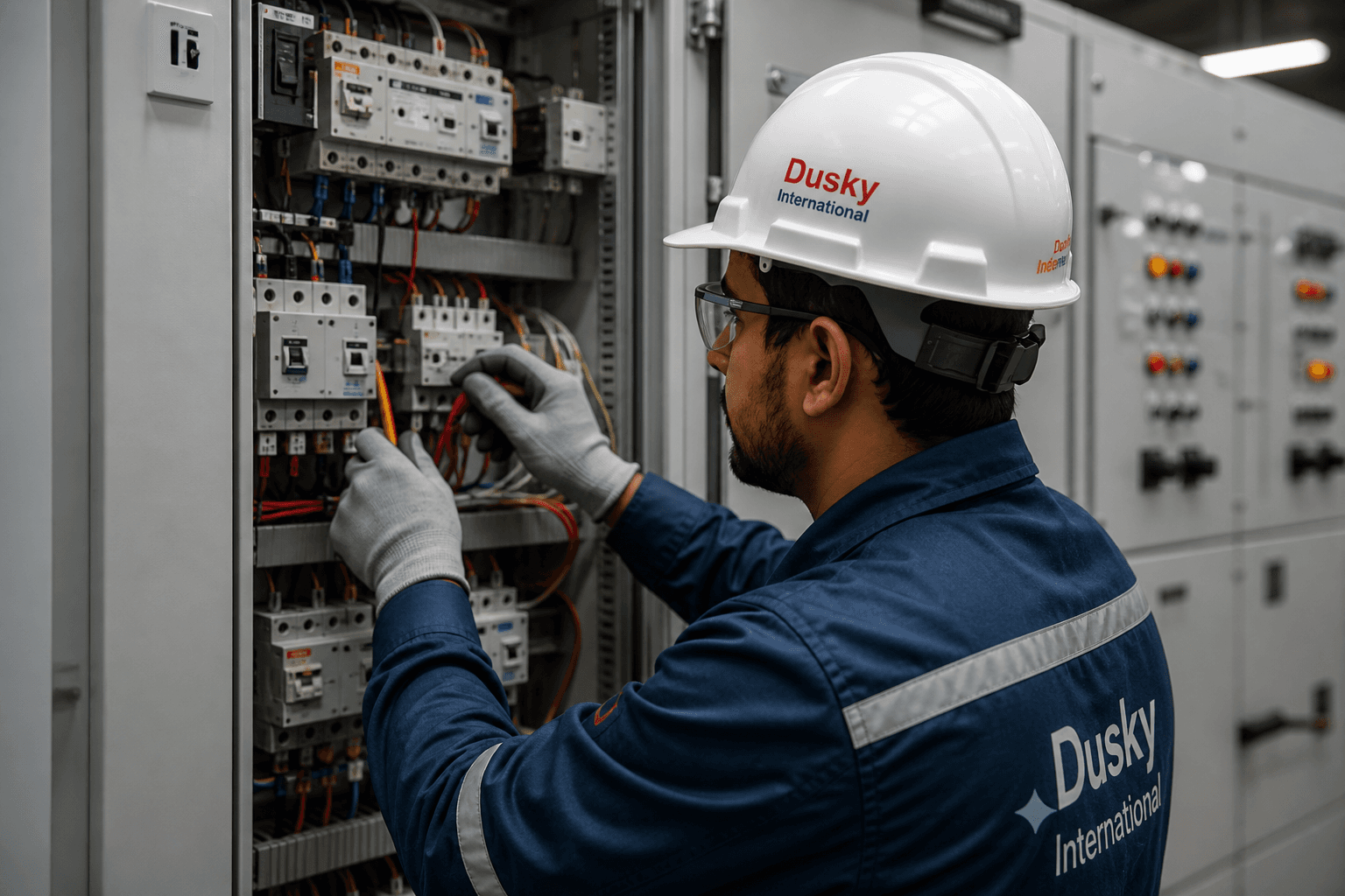 Dusky technician installing and verifying critical electrical connections