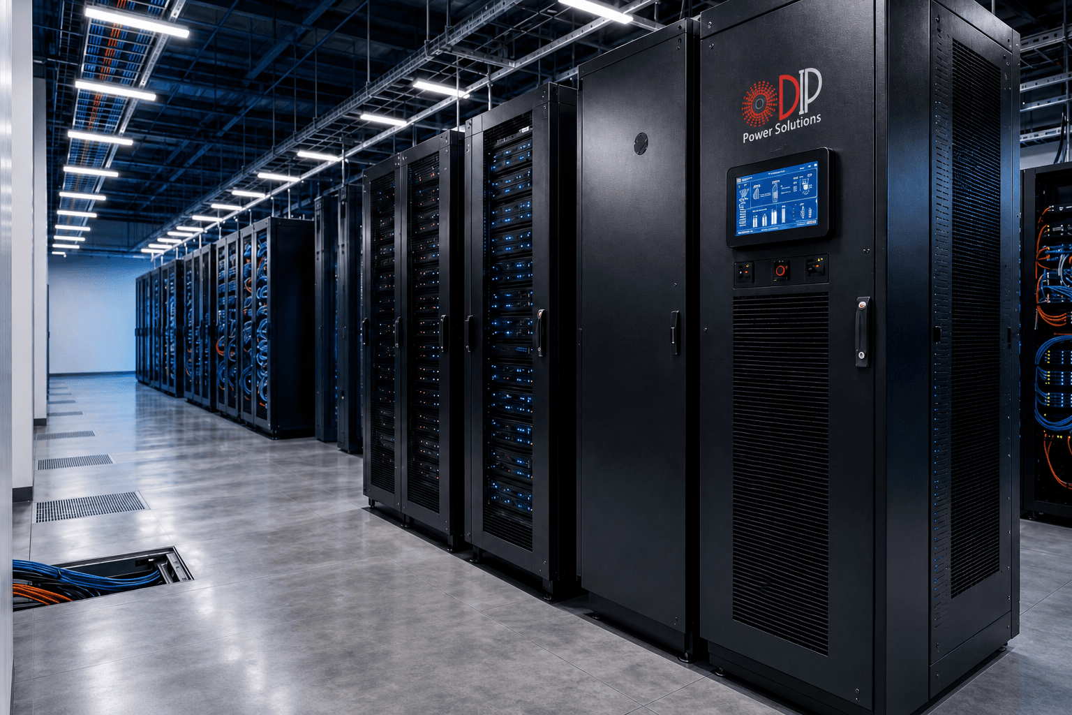 Mission-critical UPS cabinets in a data centre aisle